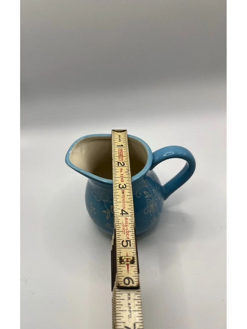 Cottagecore light blue ceramic Sugar Creamer Ivory Floral Design 4” tall